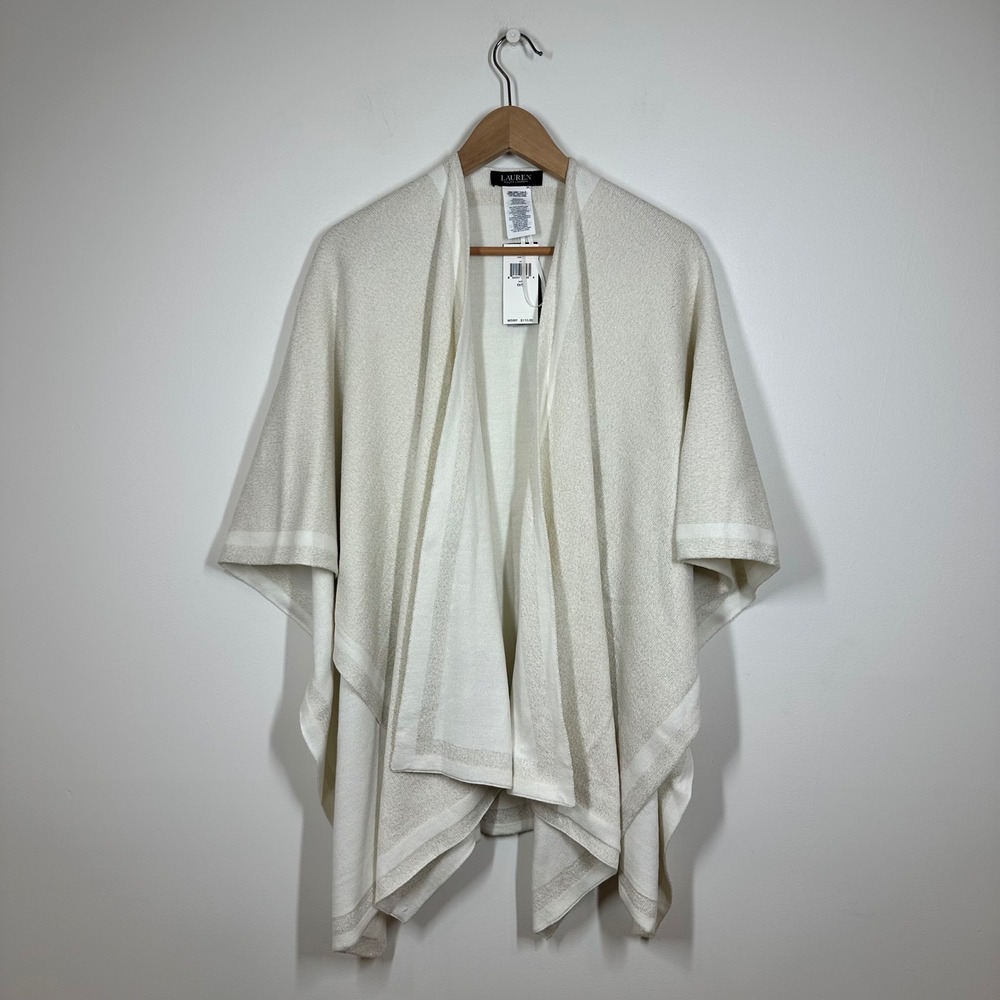 NWT Lauren Ralph Lauren Poncho Women One Size Ivory Wool Blend Metallic Knit